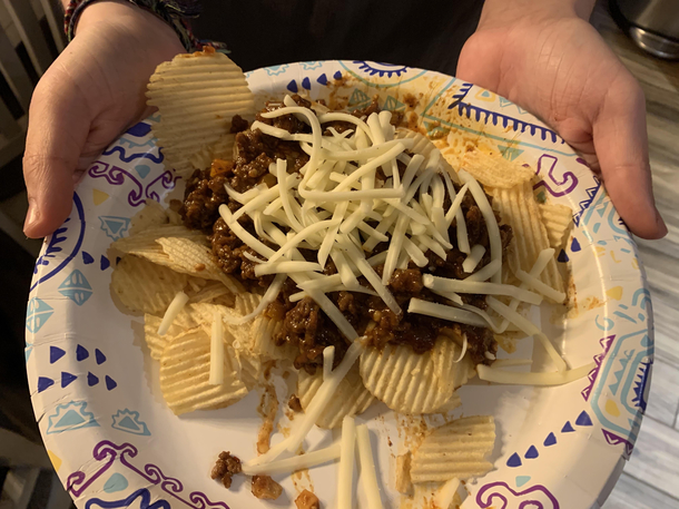 Day  of Quarantine White Trash Nachos Potato Chips Leftover Sloppy Joe Random leftover cheese