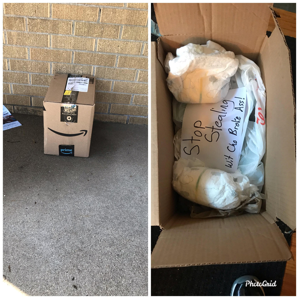 Days worth of dirty diapers for whoever keeps stealing packages off our porch