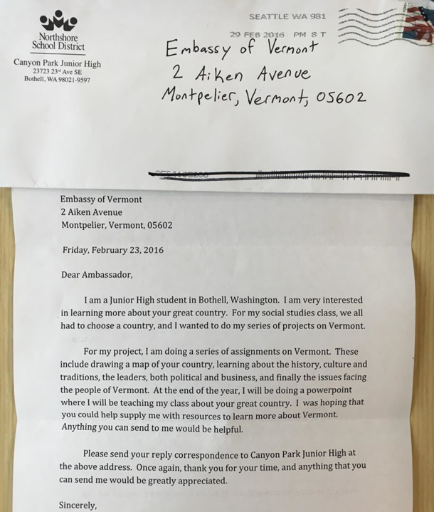 Dear Northshore School District Please inform your students that Vermont is in fact part of the United States We received this quite amazing letter at the office today