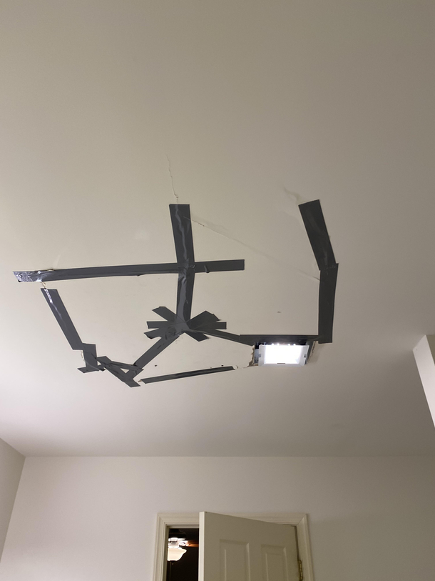 Decided to do in depth investigation of dryer ventilation tube in the attic while wife and kid went to get dinner Fell completely through Hopefully she wont notice this in the master bathroom