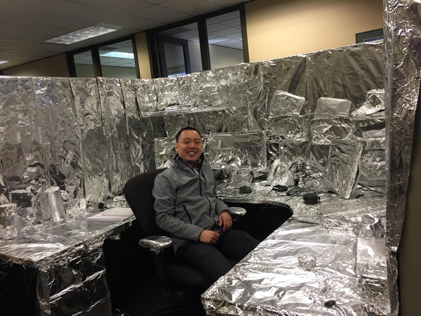 Decorated coworkers cube Total brainwave privacy
