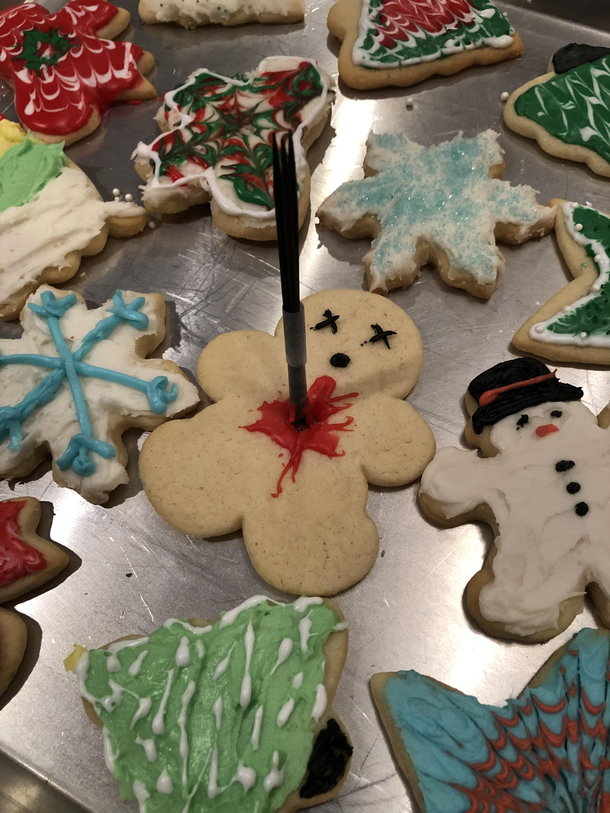 Decorating cookies with the family and my  year old sister lays this on pan and walks away