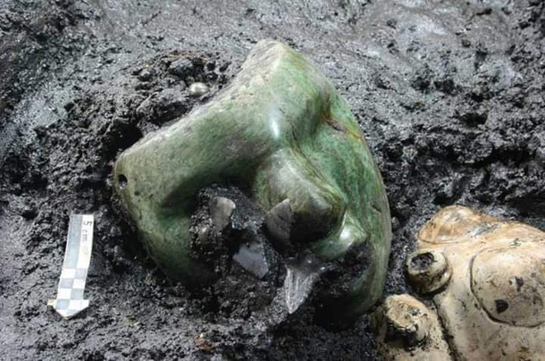 DONT WEAR IT -year-old green serpentine stone mask found at the base of the pyramid of the Sun Teotihuacan Mexico