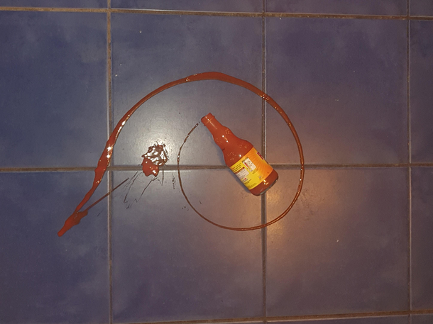 Dropped my bottle of Franks hot sauce from the fridge and the spillage looks like the golden ratio The universe is trying to tell me something