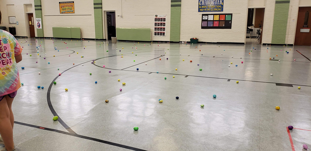 Easter egg hunt was rained out at my sons school so everyone had to hide the eggs in the gym