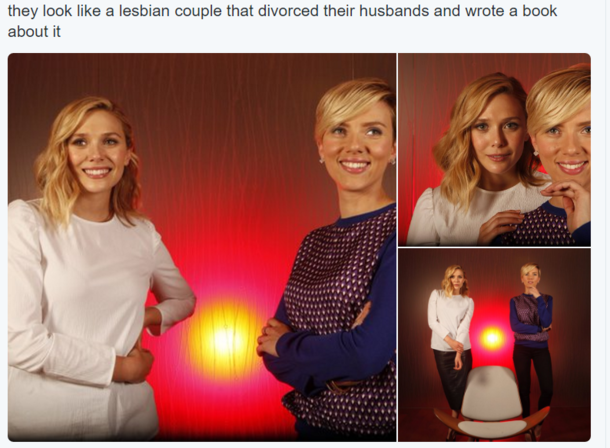 Elizabeth Olsen and Scarlett Johansson looking like a lesbian couple