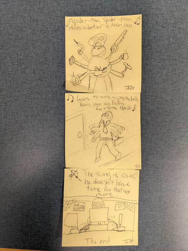 Every week I make a sticky note picture at work Heres the last  weeks Spiderman