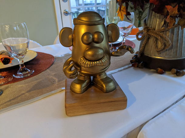 Every year my in-laws do a Thanksgiving potato peeling contest Winner gets to keep the trophy till next year
