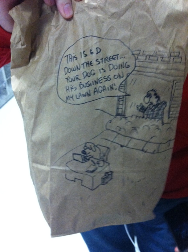 Everyday this kid has a new hand-drawn comic on his lunch bag This is my favorite