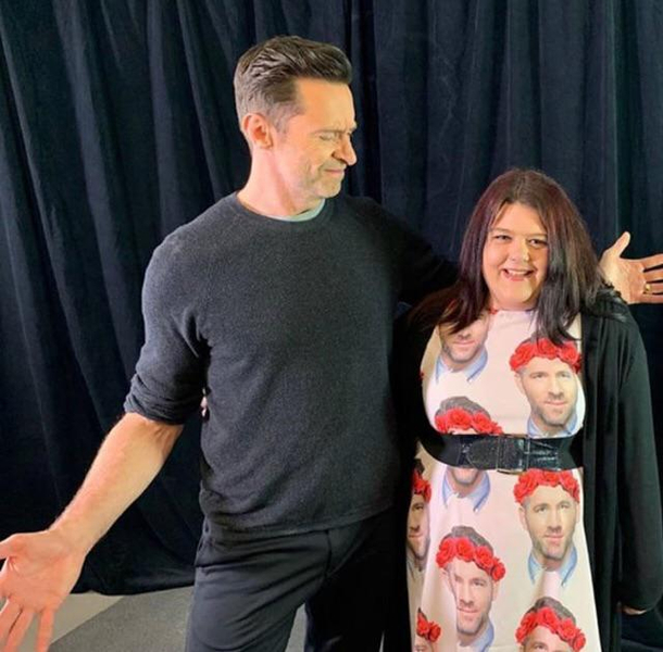 Fan wears a Ryan Reynolds shirt to meet Hugh Jackman