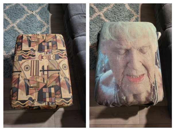 Father-in-law gave us this hideous ottoman We threw a blanket over it Much better