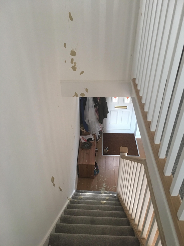 Finally finished my hallway New paint and carpet then dropped a tub of beeswax looks like a monkey threw its shit everywhere