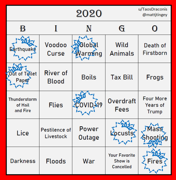 Fires in Australia locusts in Africa earthquake in Utah COVID- everywhere If we get a river of blood well have a BINGO