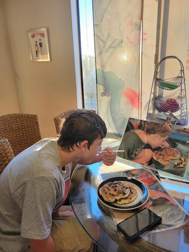 First day of school pancakes while looking at last years pancakes