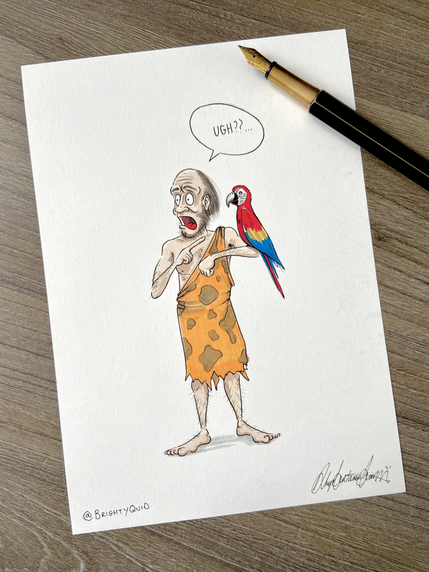 First person to hear a parrot talk - Ink Drawing