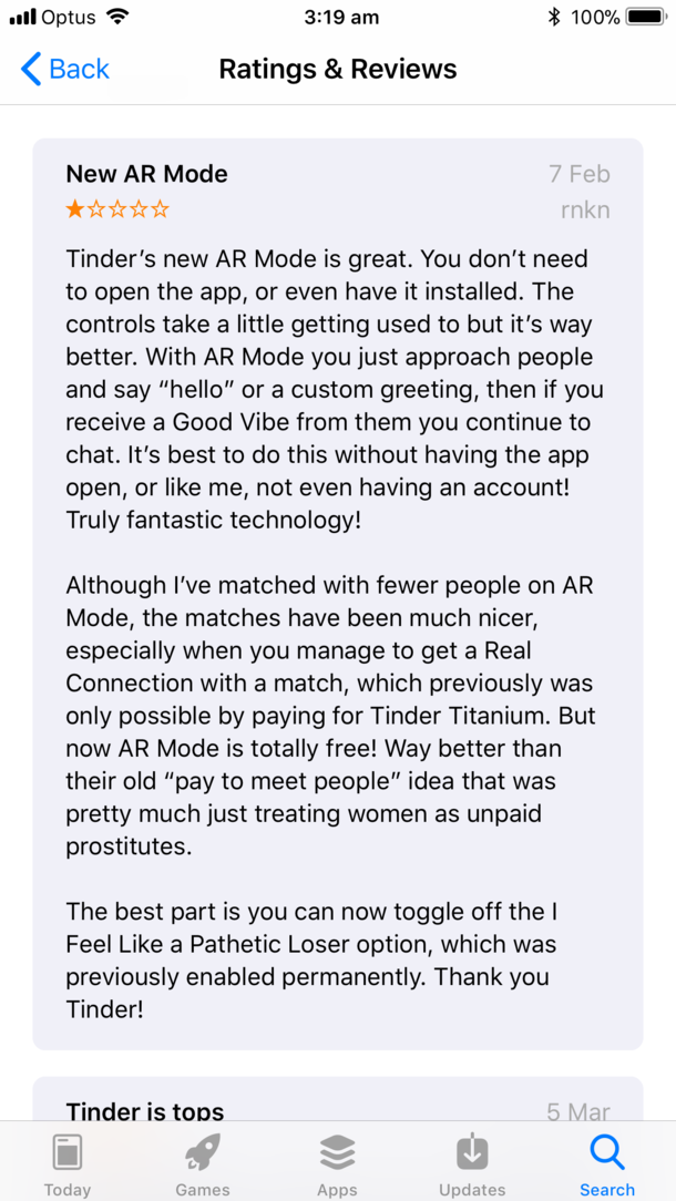 First review for Tinder that shows up on my app store