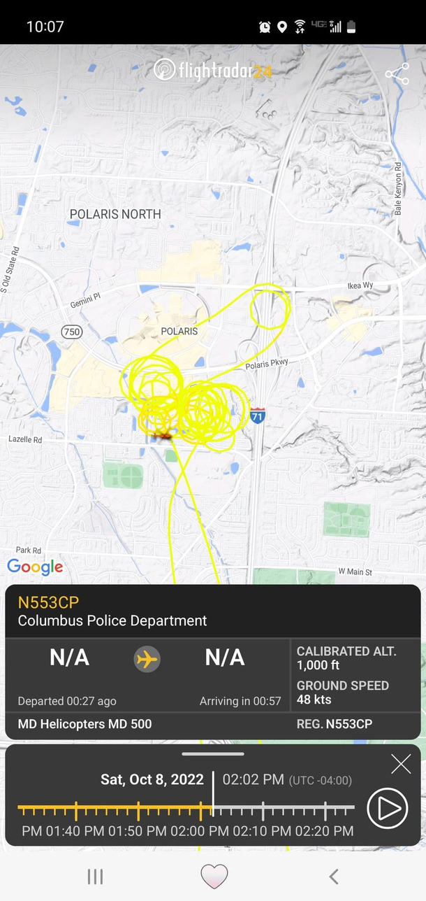 Flight radar path of Columbus Police Department helicopter on the lookout for armed robbers today