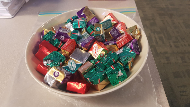 Follow-up to yesterdays image for the holidays Ive put a bowl of foil-wrapped goodies on my desk Icy Squares chocolate mints chicken beef and vegetable bouillon