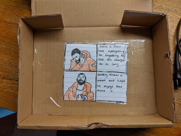 Forgot my laptop charger at my friends house and they recently posted it back opened the box to find this