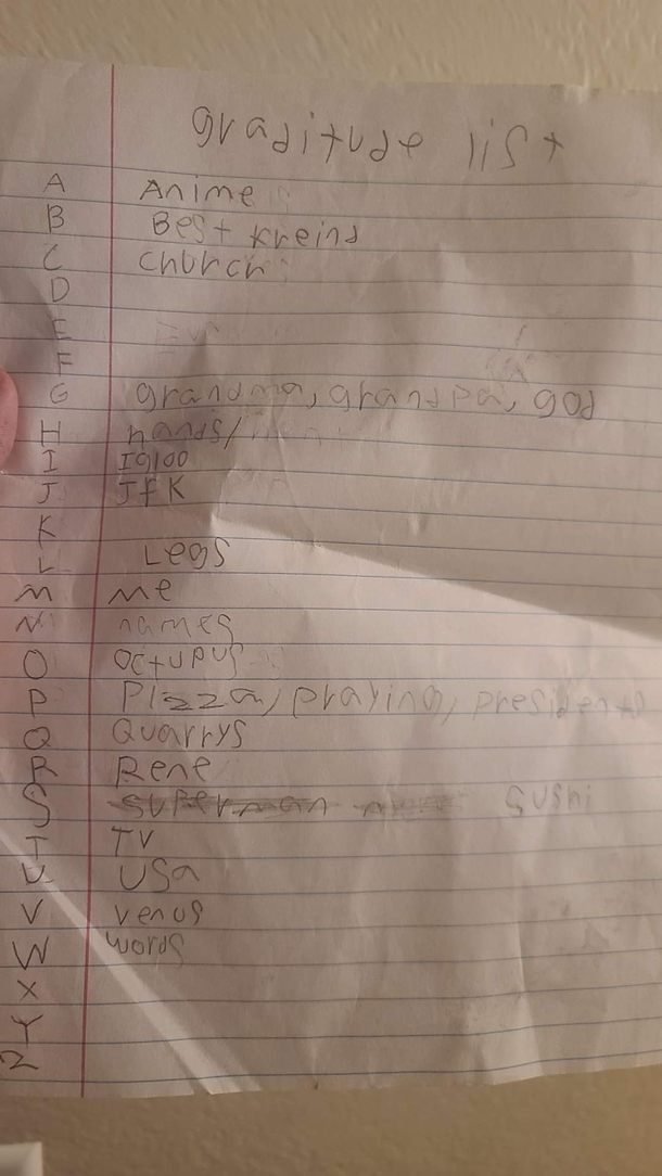 Found a Gratitude List my  year old made while cleaning his room Some of these are pretty random