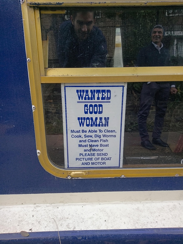 Found this advert in the window of a canal boat in London