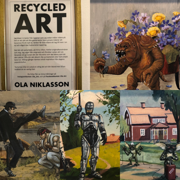 Found this guy in a random art show I walked in when traveling around Sweden He buys old art that was going to get thrown away and ads some humor to it and pop culture references