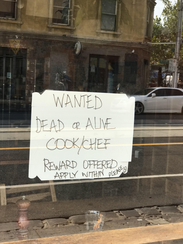 Found this wanted sign outside a restaurant 
