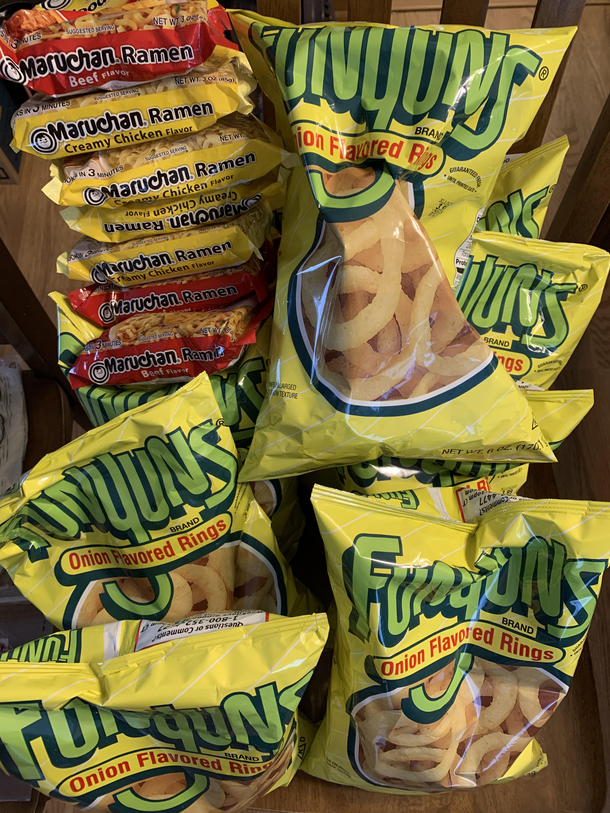 Four weeks is what it took for my wife to crack Behold her most recent Amazon Fresh order  bags of Funyuns and  bags of ramen