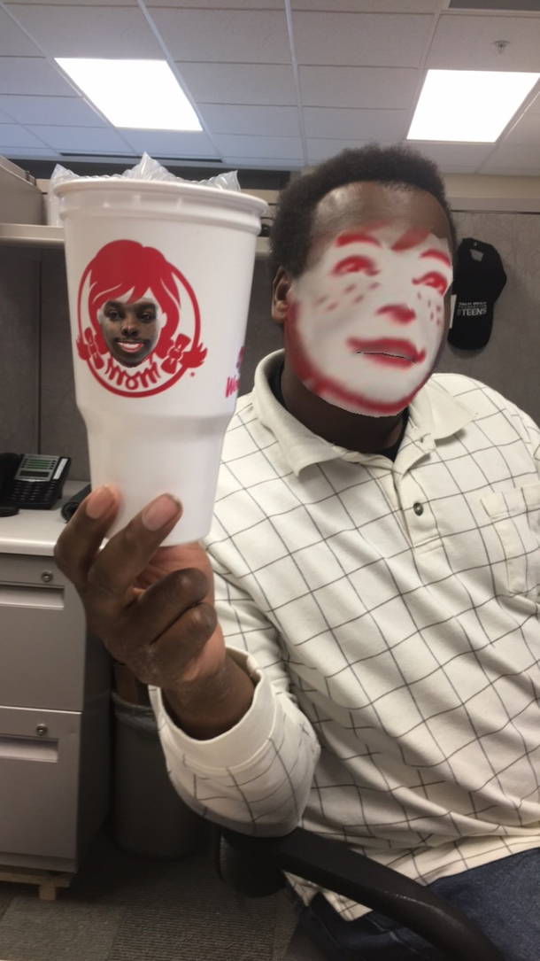 Friend faceswapped with a Wendys cup Results better than expected