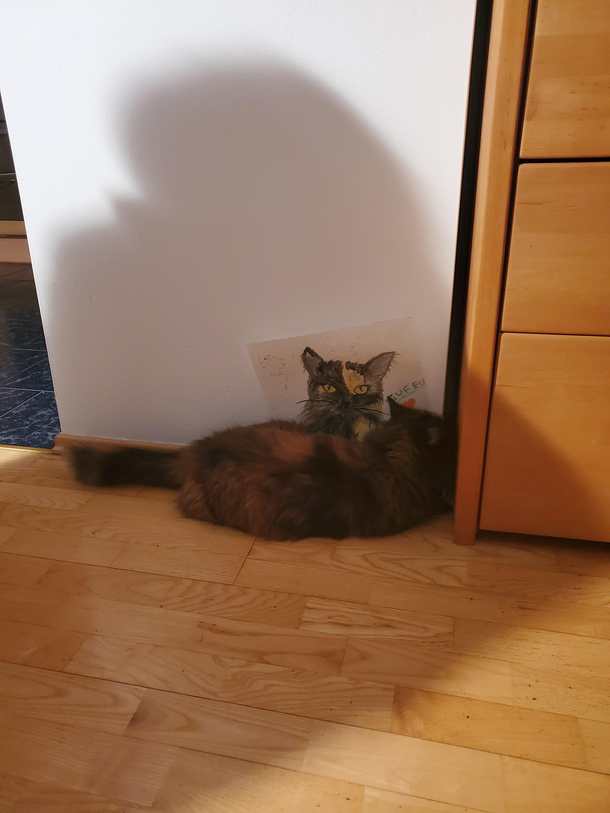 Friends cat cant stop laying next to a drawing of herself