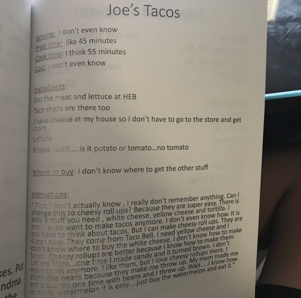 From a kindergarten cookbook Joe teaches us how to make tacos