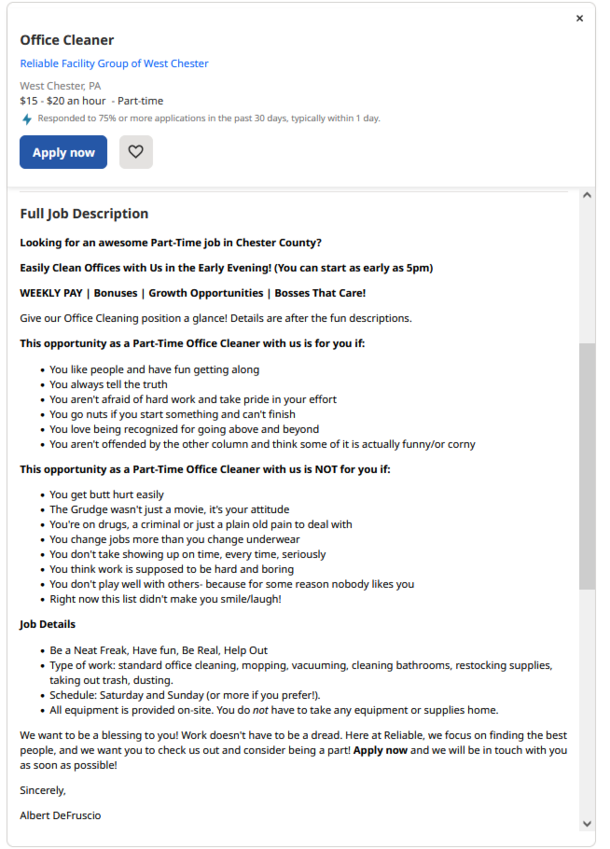 Funny job posting I found on indeed near where I live Primarily the NOT for you section I seriously hope I get this job