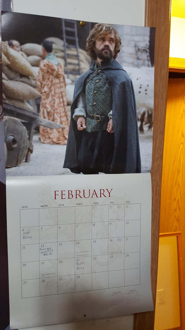 Game of thrones calendar thought it would be a good idea to put the shortest man on the shortest month