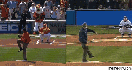 George W vs Obama Throwing out First Pitch