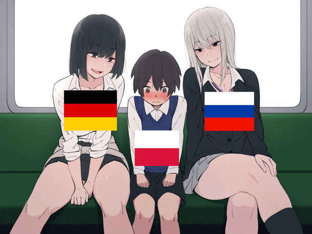 Germany and Russia staring at a Poland on a Train