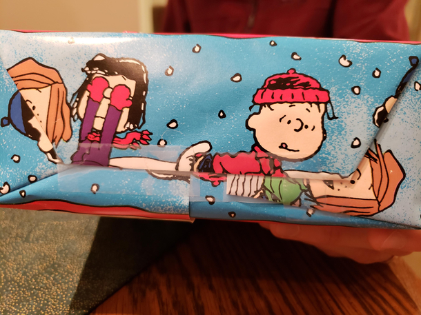 Gift I receivedwrapped in a such a way that it appears as if Linus and Patty are getting it on in front of Marcie