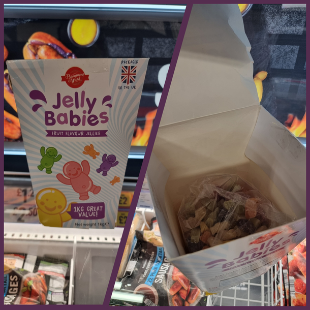 Gigantic box of Jelly Babies less than half full