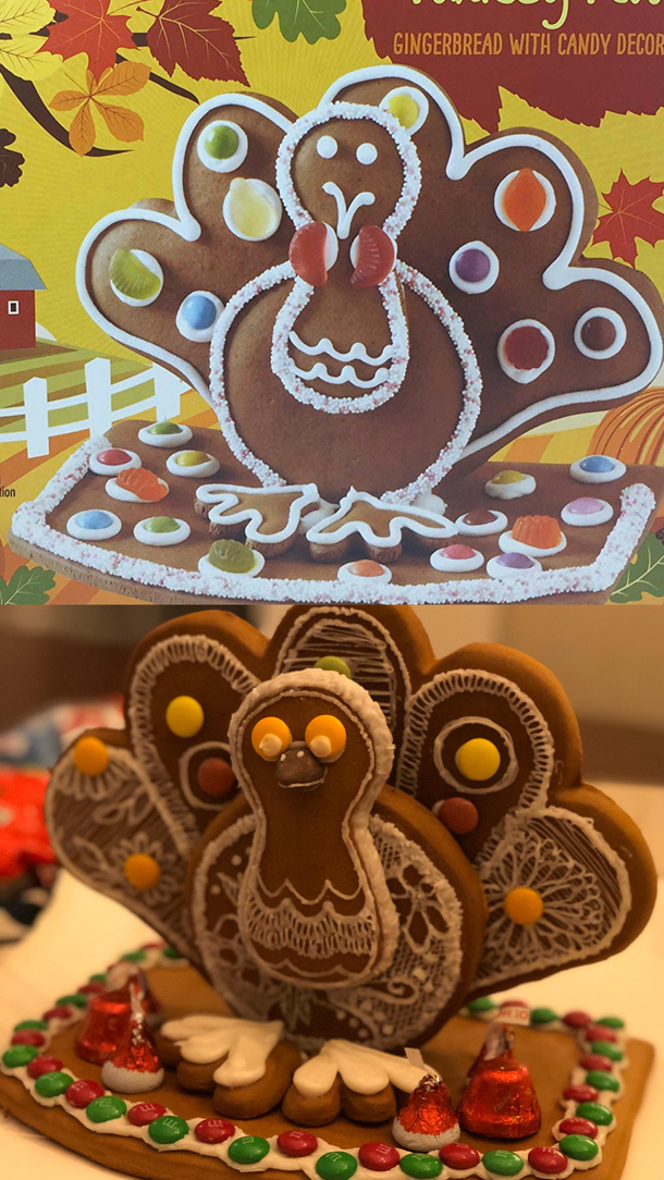 Gingerbread Turkey on the box Vs the one my girlfriend made