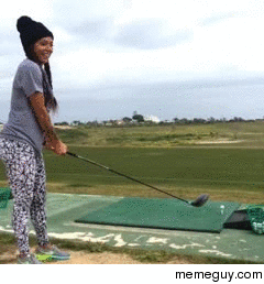 Girl attempts a Happy Gilmore golf shot