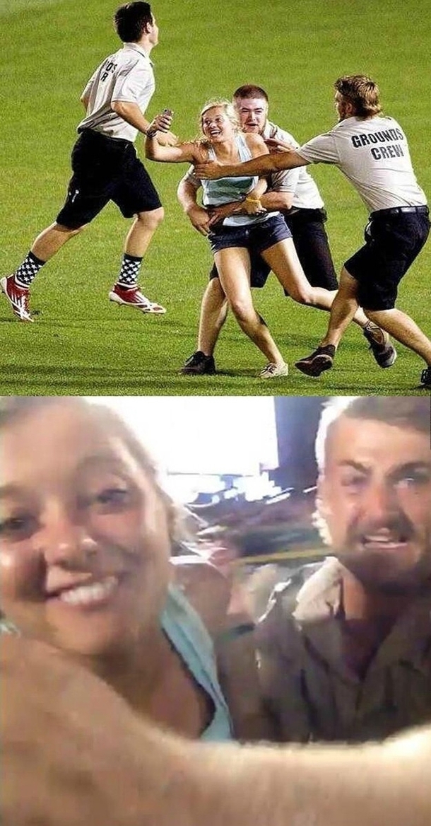 Girl Takes Amazing Selfie While Getting Tackled By Security As She Sprints  Through A Baseball Game - Meme Guy