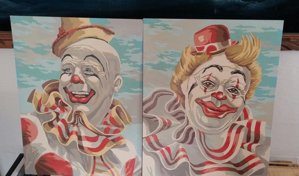Girlfriend bought these clowns at a thrift store All I can see is Bruce Willis and John Candy