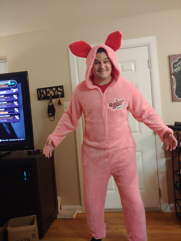 Girlfriend surprised me with the bunny costume from A Christmas Story Xmas breakfast with the fam is gonna be dope