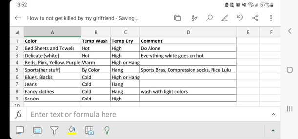 Girlfriends moving in so I created an excel for laundry rules titled How To Not Get Killed By Your Girlfriend