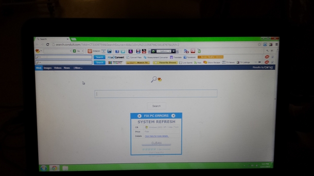 Give my parents my laptop for the night and this is what I get Three new toolbars homepage is Conduit pop ups and my new search engine is Bing