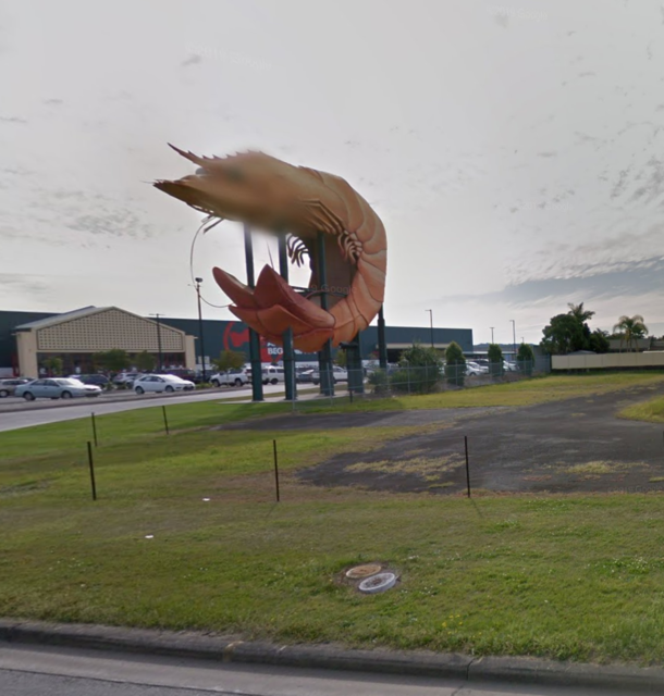 Google street view blurs the face of the Big Prawn Ballina Australia