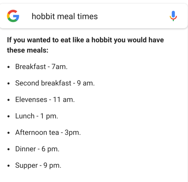 Google tells you Hobbit meal times