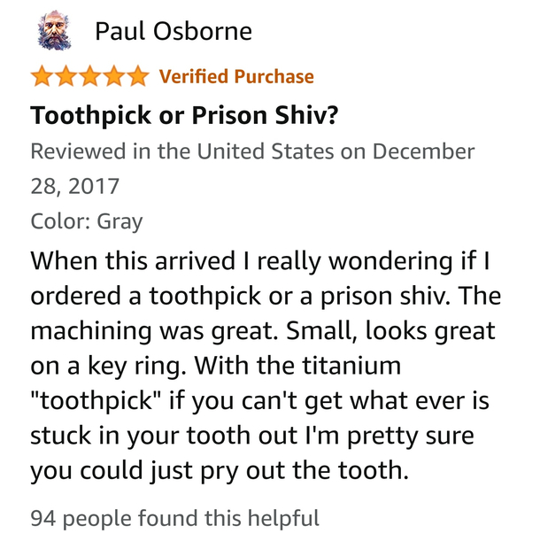Got Lost on amazon and ran into the untapped market of titanium toothpicks or shivs