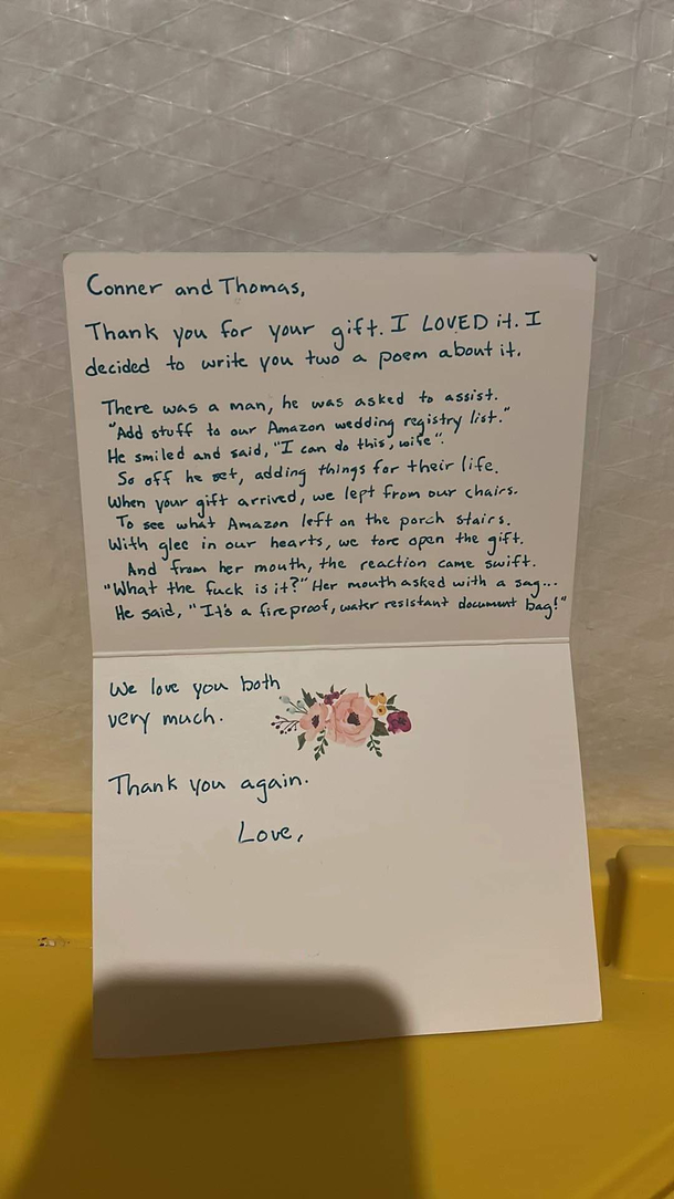 Got my brother a present for his wedding This was his Thank You card