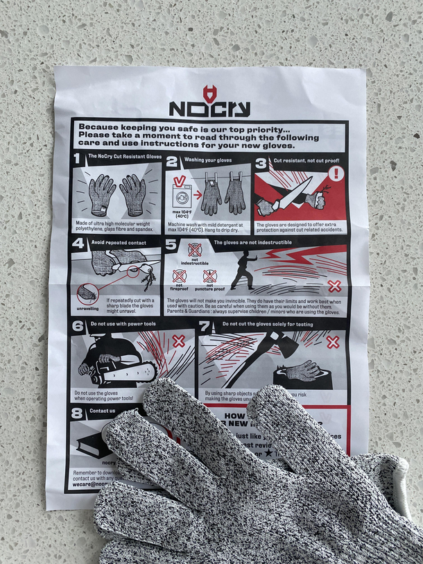 Got myself some cut resistant gloves and Im pretty sure my wife wrote the instructions on how NOT to use them for me specifically
