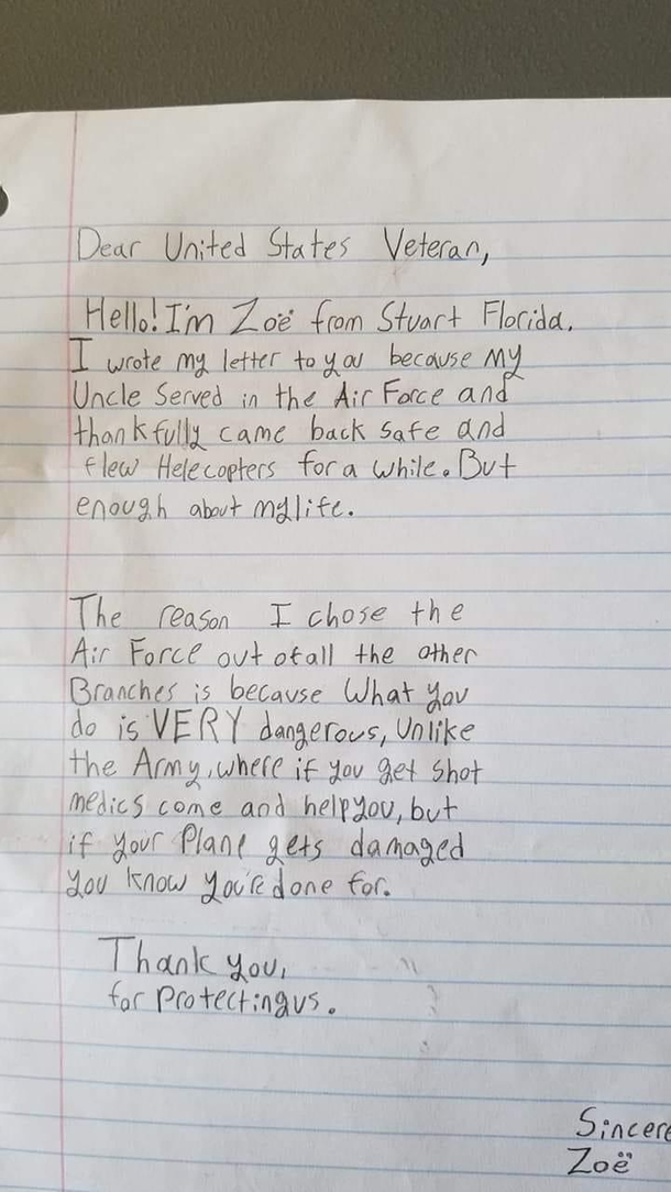 Got this letter from Zoe while deployed She gets it